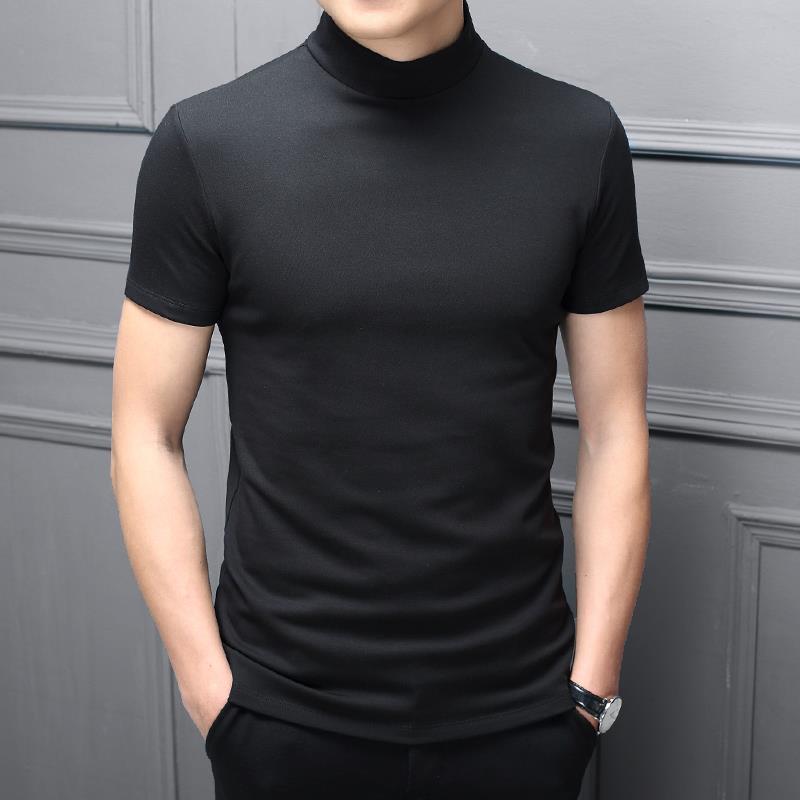 Spring Summer Men Half Turtleneck Mercerized Cotton Short Sleeves