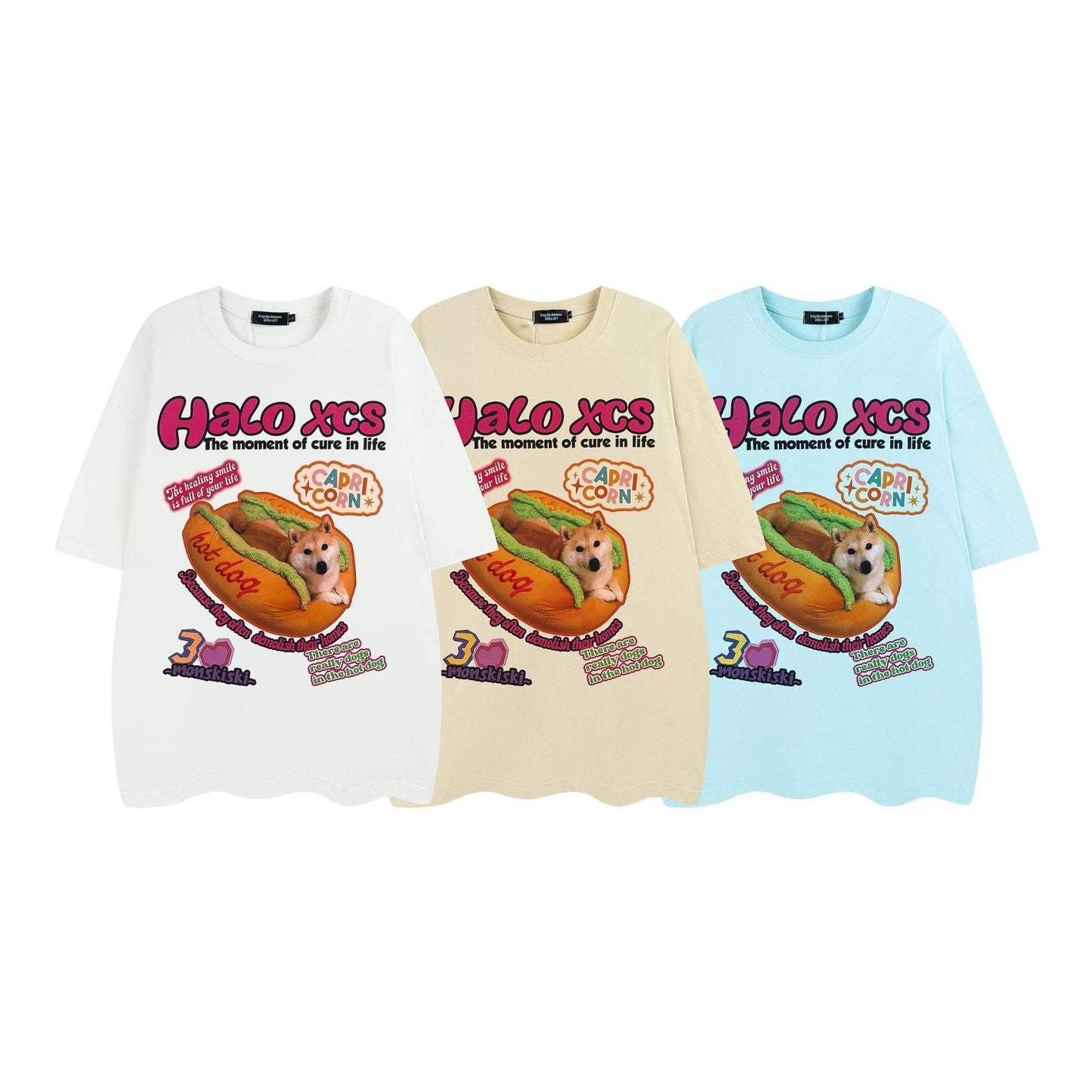 Cartoon Hamburger Dog Printed Short-sleeved T-shirt Couple's Tops