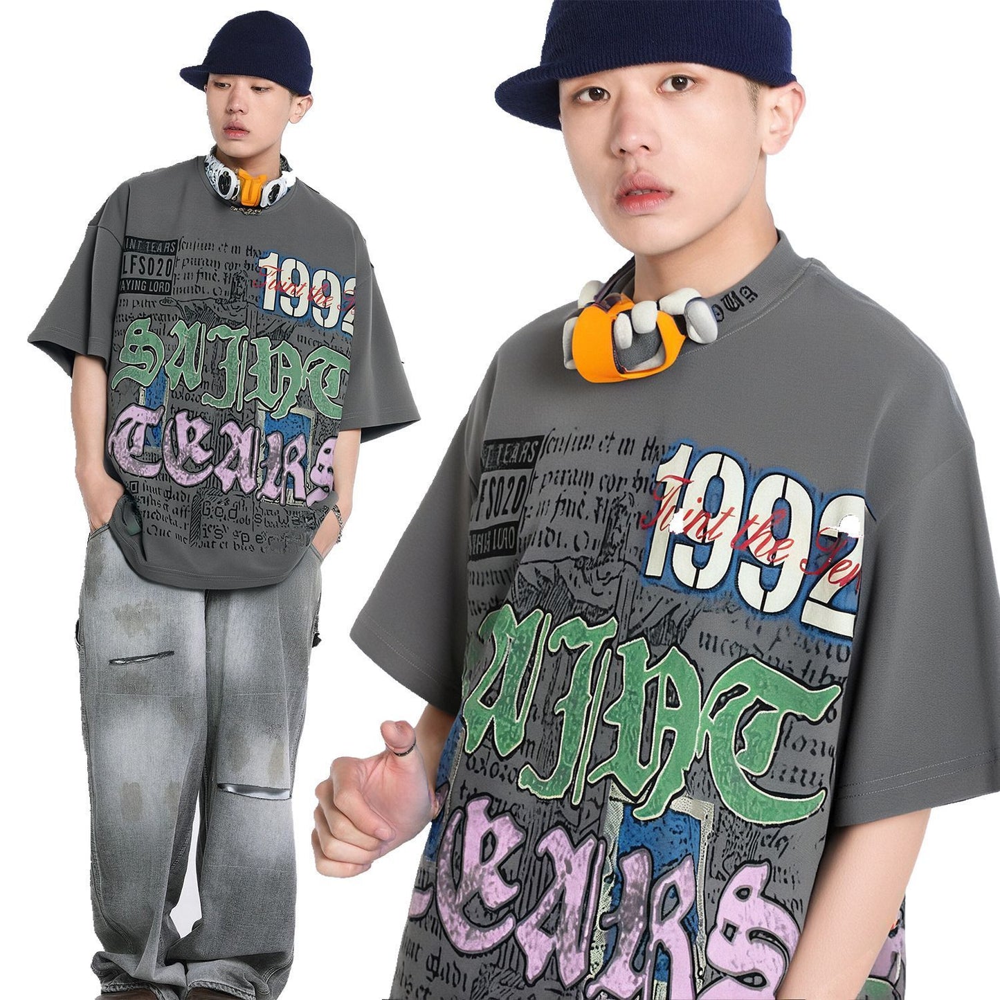 American Retro National Trend Hip Hop Graffiti Short Sleeve