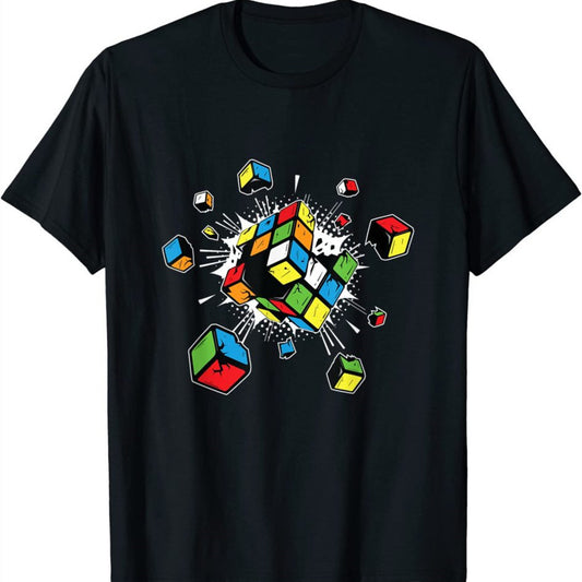 Summer Rubik's Cube Print Black T-Shirt