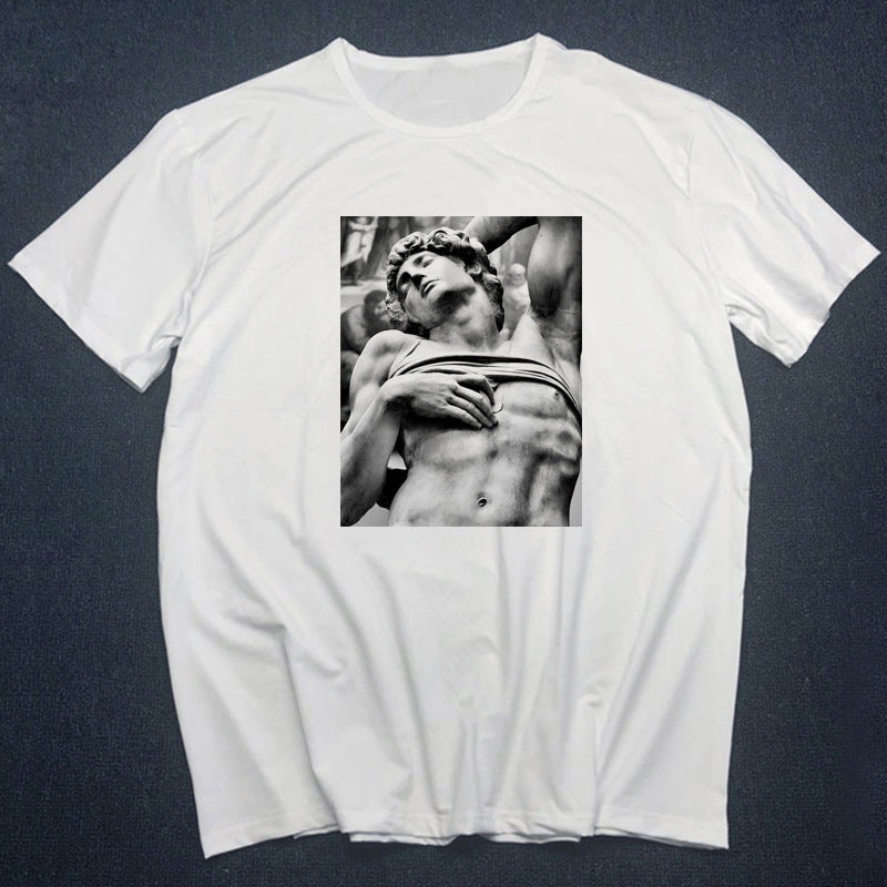 Personality Funny Statue Print Western Style T-Shirt Short Sleeve Round Neck