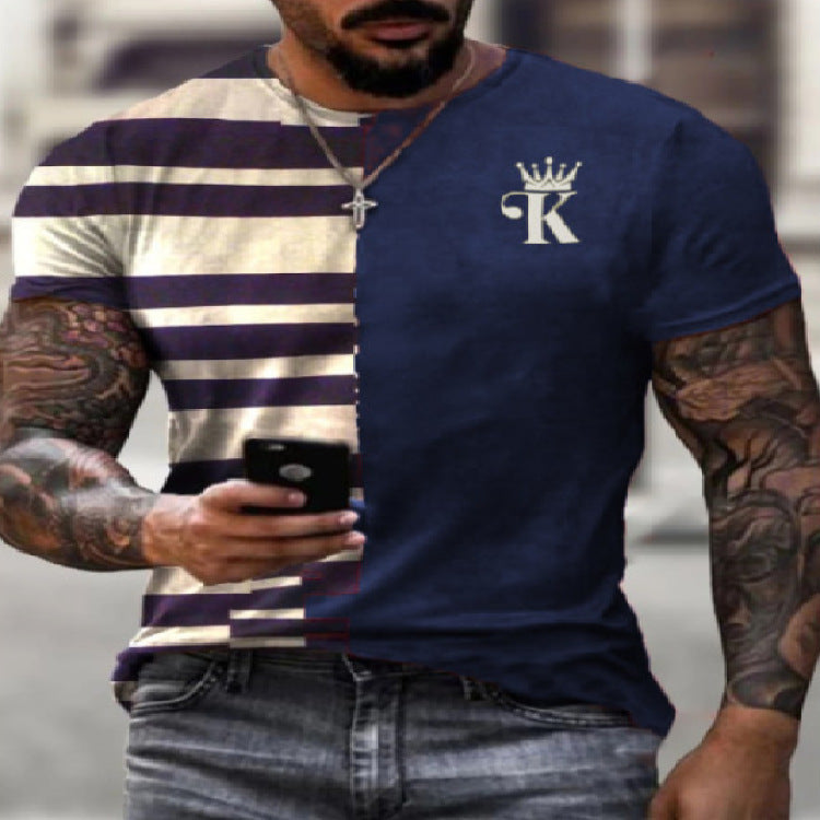 Contrasting Striped King Crew Neck Print Loose Short Sleeve T-Shirt