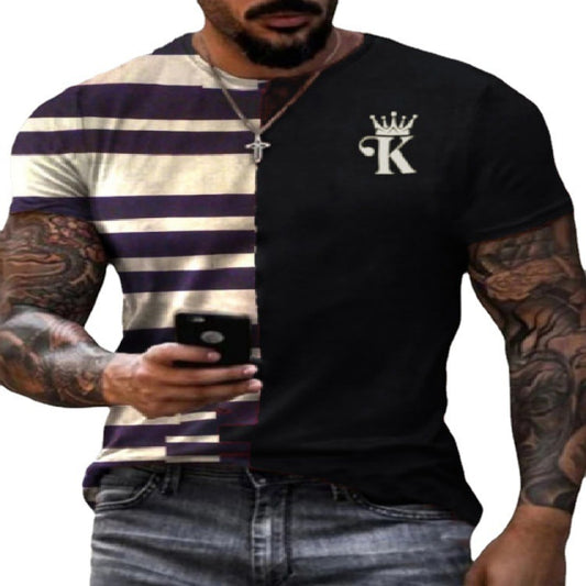 Contrasting Striped King Crew Neck Print Loose Short Sleeve T-Shirt