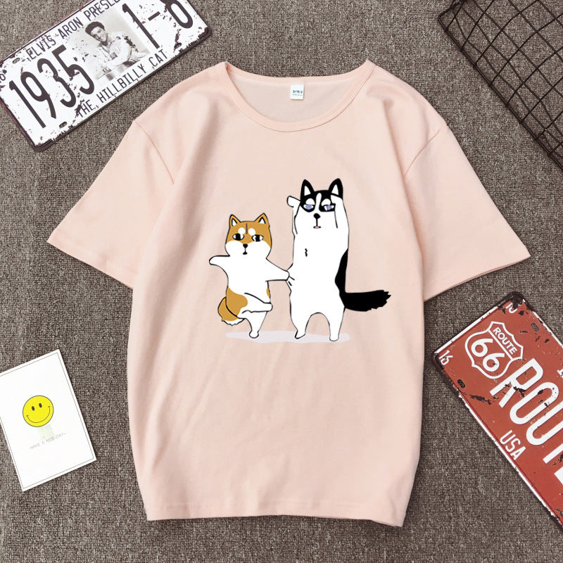 BF BF wind cartoon god trouble dog Husky couple print T-shirt loose student short sleeve