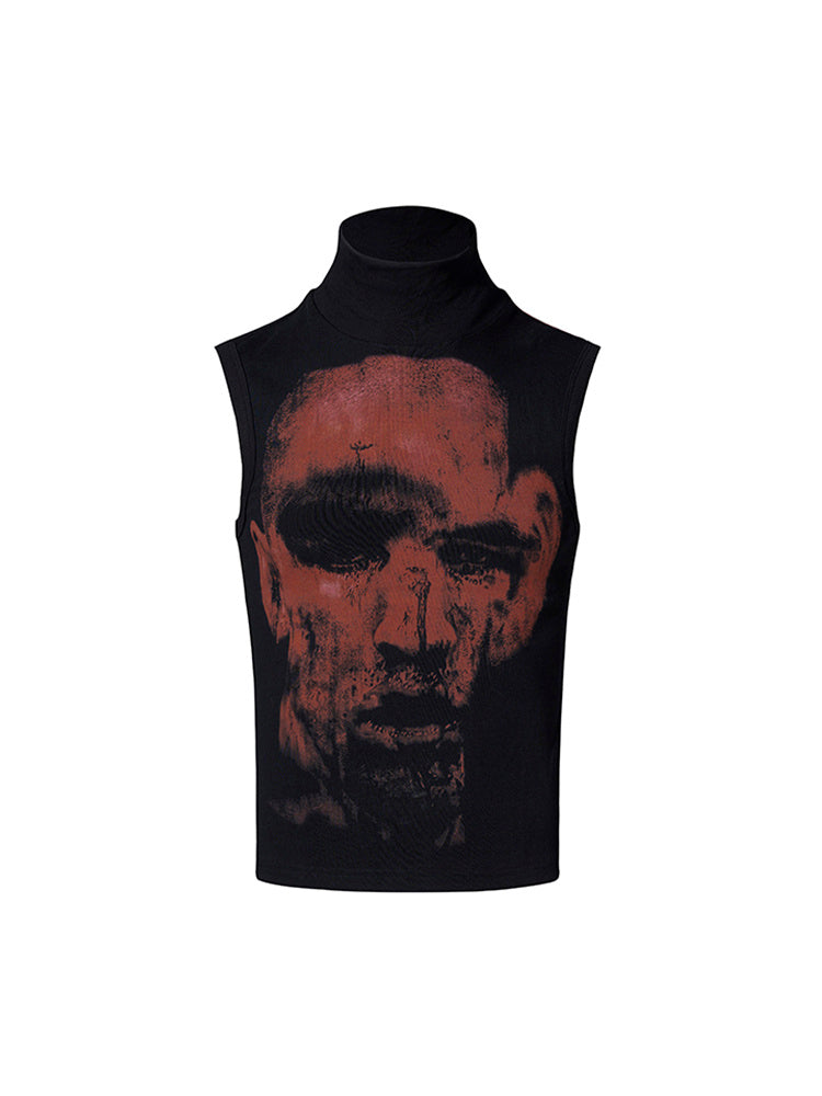 Half Turtleneck Slim-fit Printed Sleeveless T-shirt