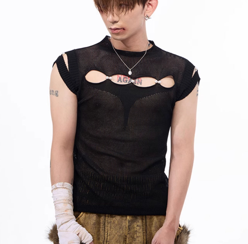 Dark Hollow-out Knitmesh Sleeveless T-shirt