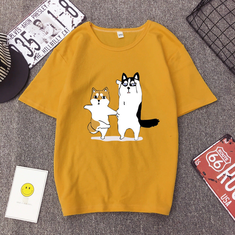 BF BF wind cartoon god trouble dog Husky couple print T-shirt loose student short sleeve