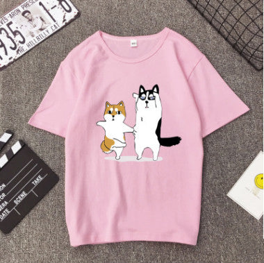 BF BF wind cartoon god trouble dog Husky couple print T-shirt loose student short sleeve