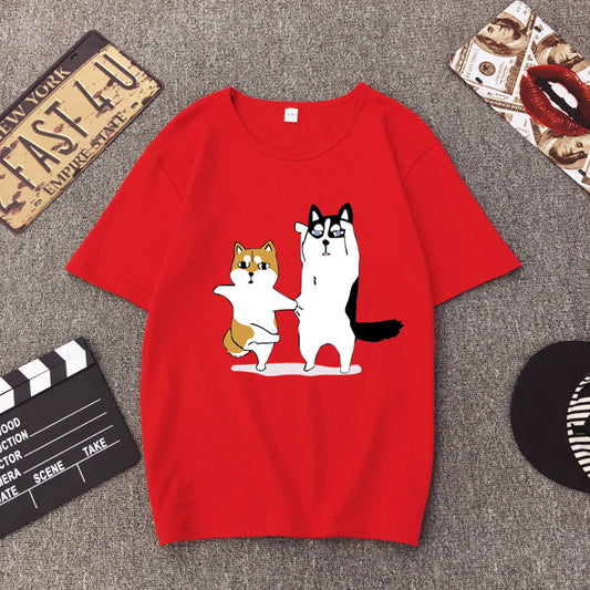 BF BF wind cartoon god trouble dog Husky couple print T-shirt loose student short sleeve