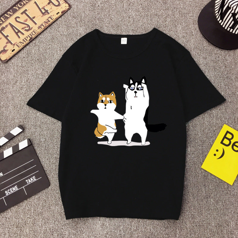 BF BF wind cartoon god trouble dog Husky couple print T-shirt loose student short sleeve