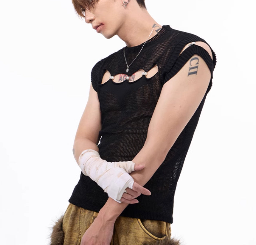 Dark Hollow-out Knitmesh Sleeveless T-shirt
