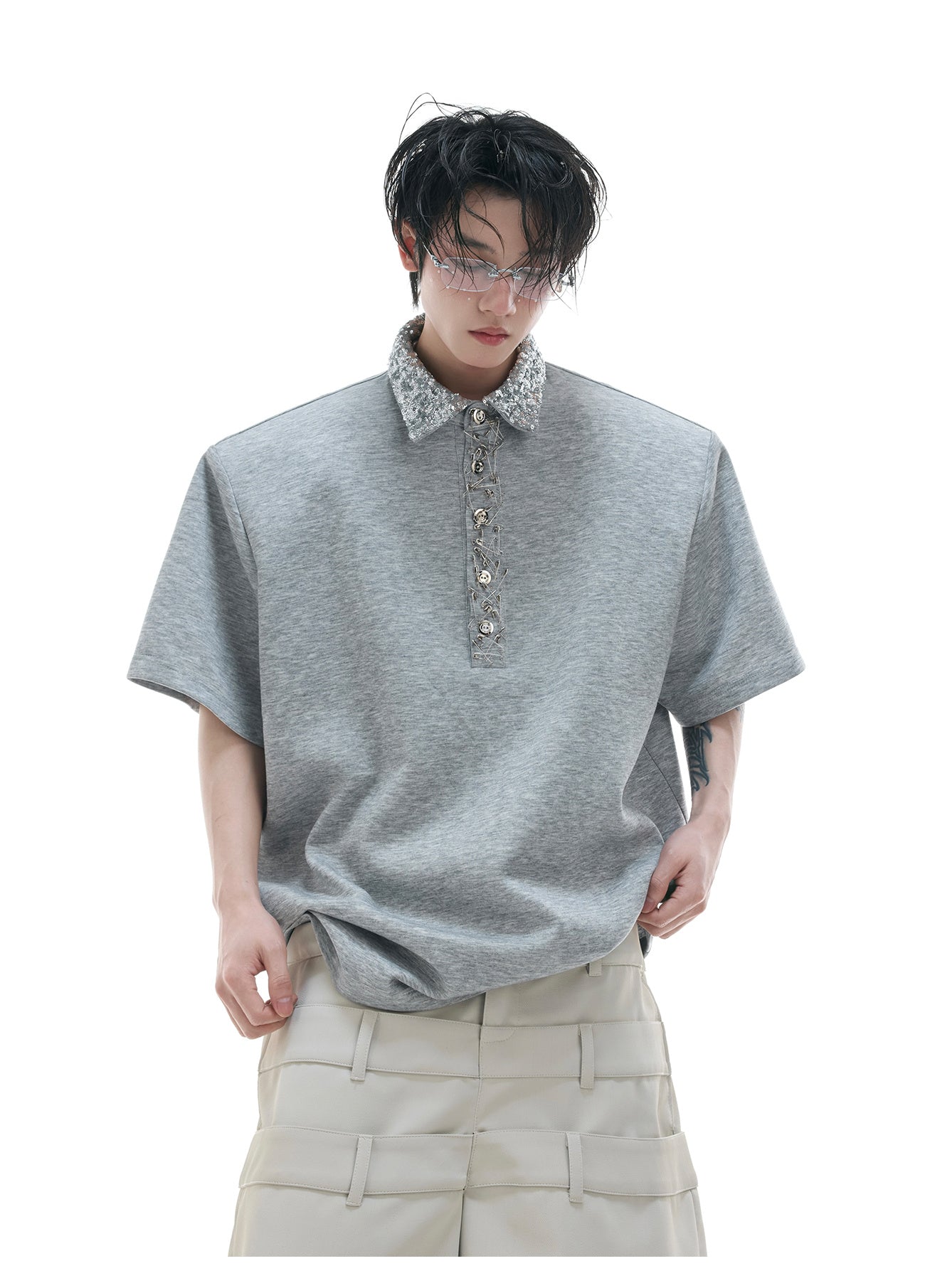 Loose And Versatile Sequined Square Neck Short Sleeved Shirt