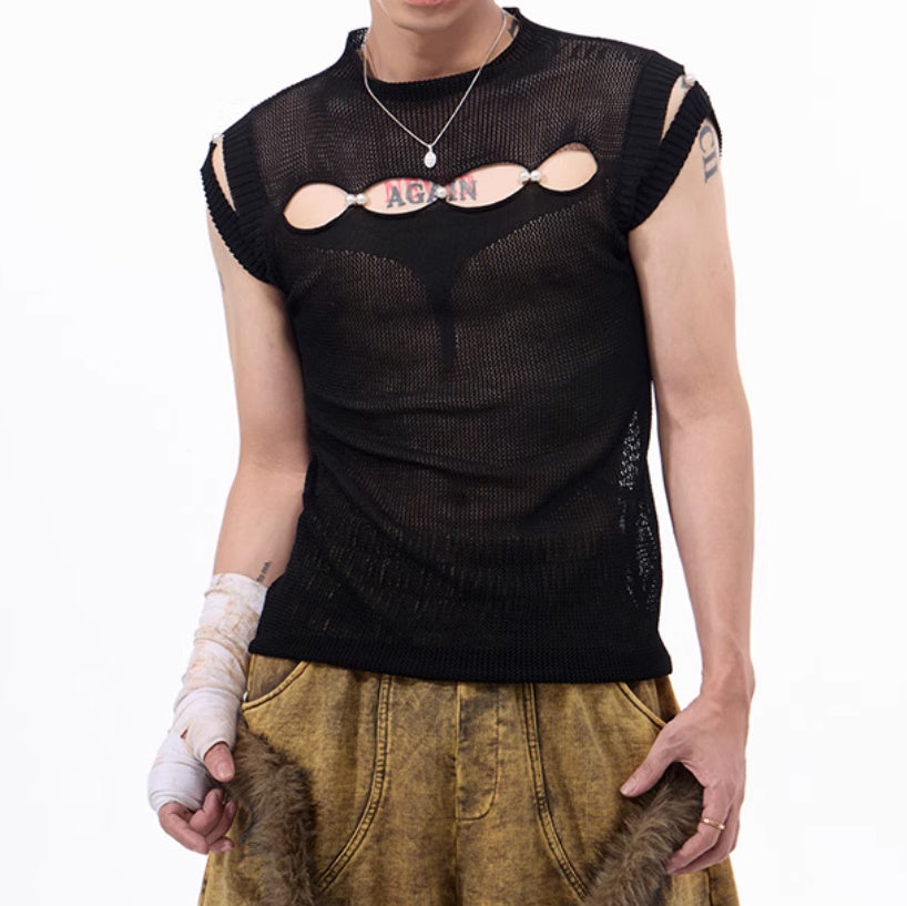 Dark Hollow-out Knitmesh Sleeveless T-shirt