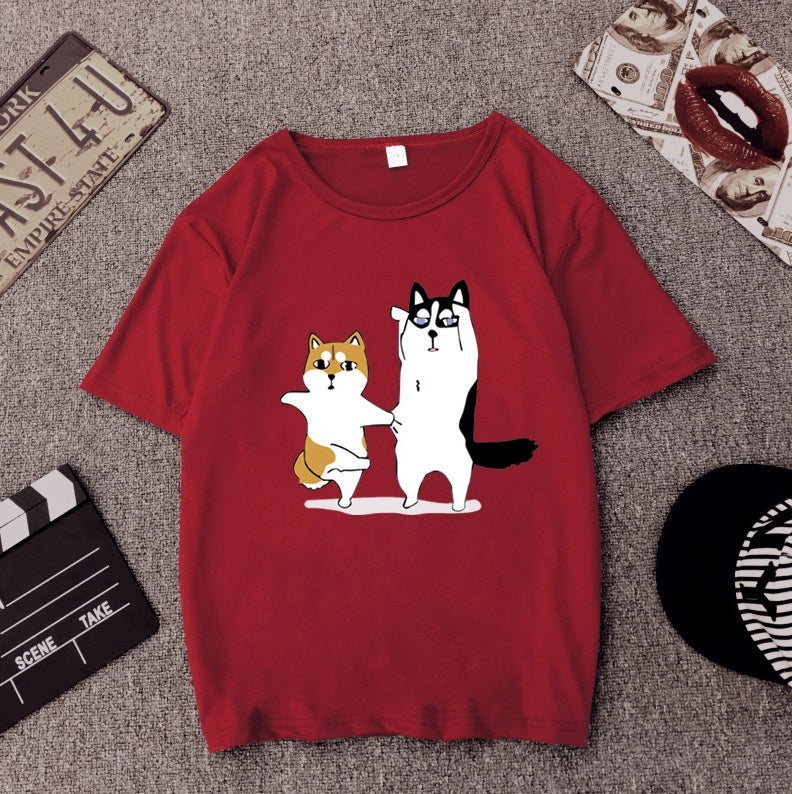 BF BF wind cartoon god trouble dog Husky couple print T-shirt loose student short sleeve
