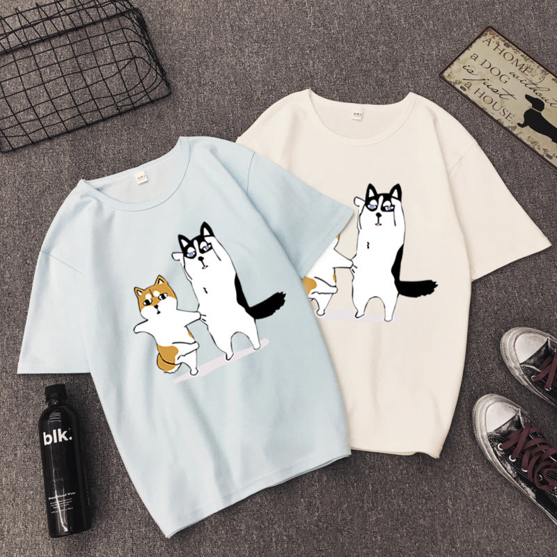 BF BF wind cartoon god trouble dog Husky couple print T-shirt loose student short sleeve