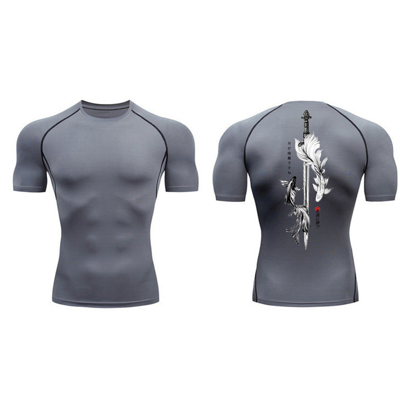 Sword Printed Short Sleeve Compression Shirt Summer Men
