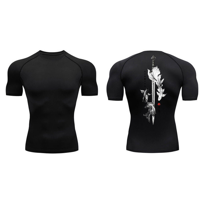 Sword Printed Short Sleeve Compression Shirt Summer Men