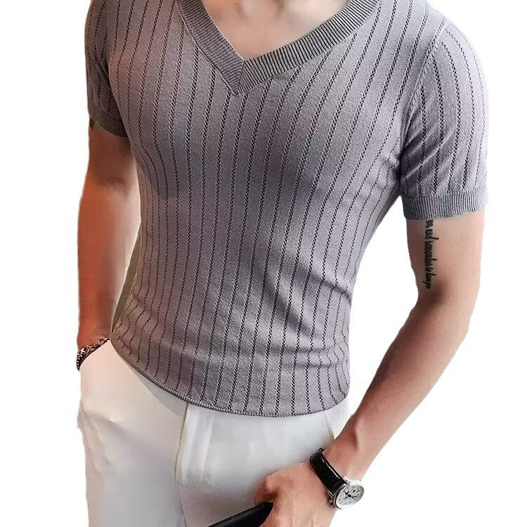 Men's Half Sleeve Hollow V-neck Slim-fit Short-sleeved