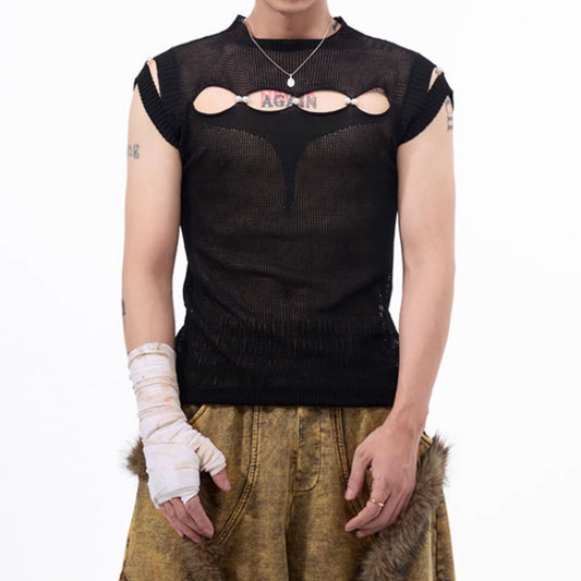 Dark Hollow-out Knitmesh Sleeveless T-shirt