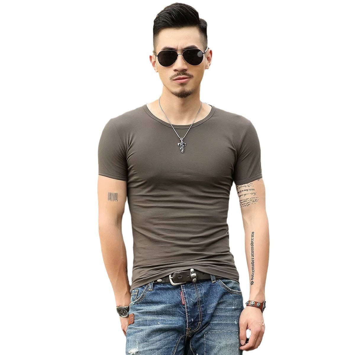 Korean Slim Fit Men's Elbow-sleeved Top Tight Elastic T-shirt
