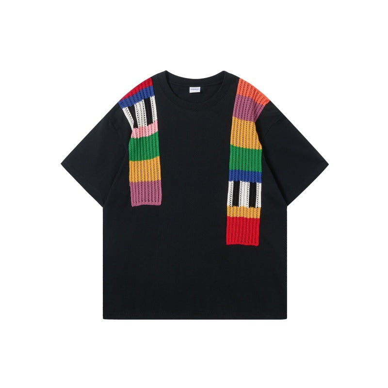 Color Contrast Patchwork Design Round Neck Loose Short Sleeves