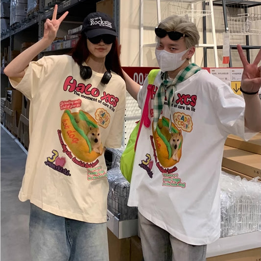Cartoon Hamburger Dog Printed Short-sleeved T-shirt Couple's Tops