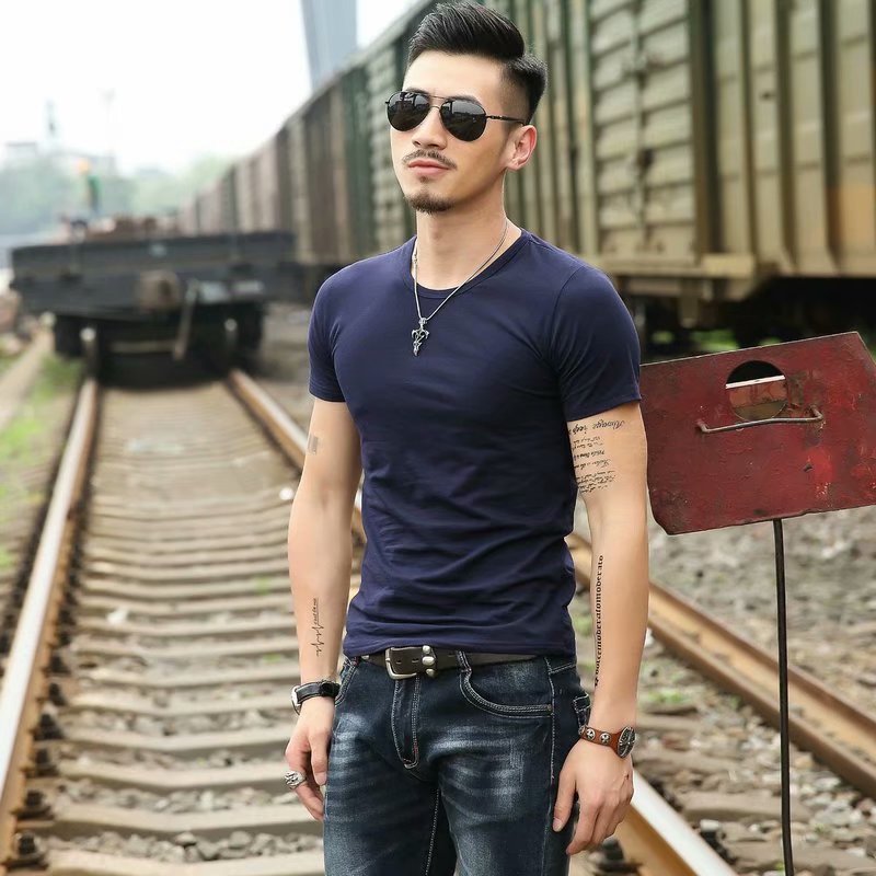 Korean Slim Fit Men's Elbow-sleeved Top Tight Elastic T-shirt