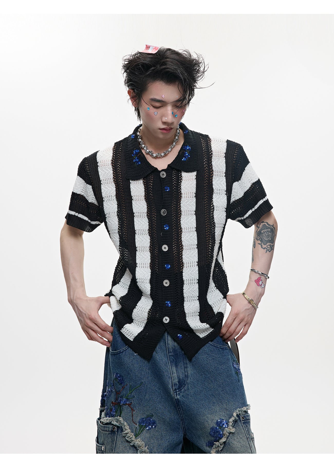 Men's Patchwork Striped Niche Retro Knitted Short Sleeved Shirt