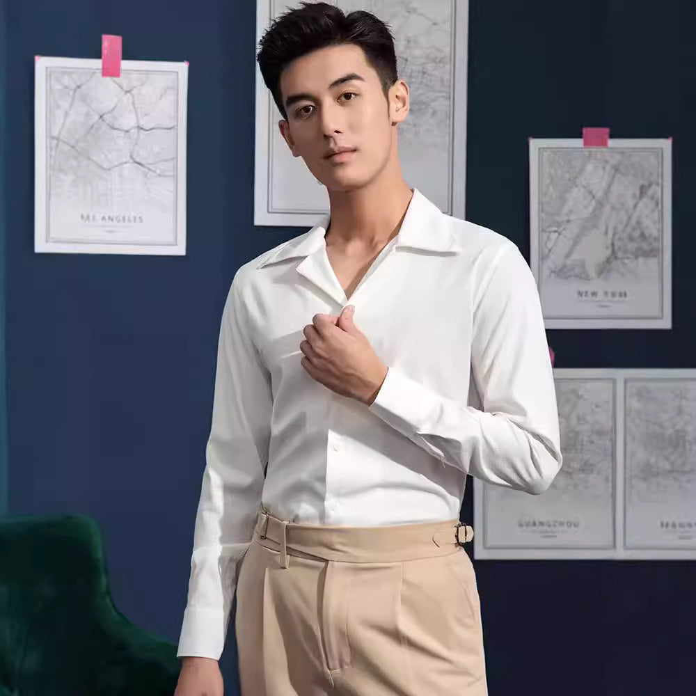 Cuban Collar Shirt Men's Business Casual Long Sleeve Shirt