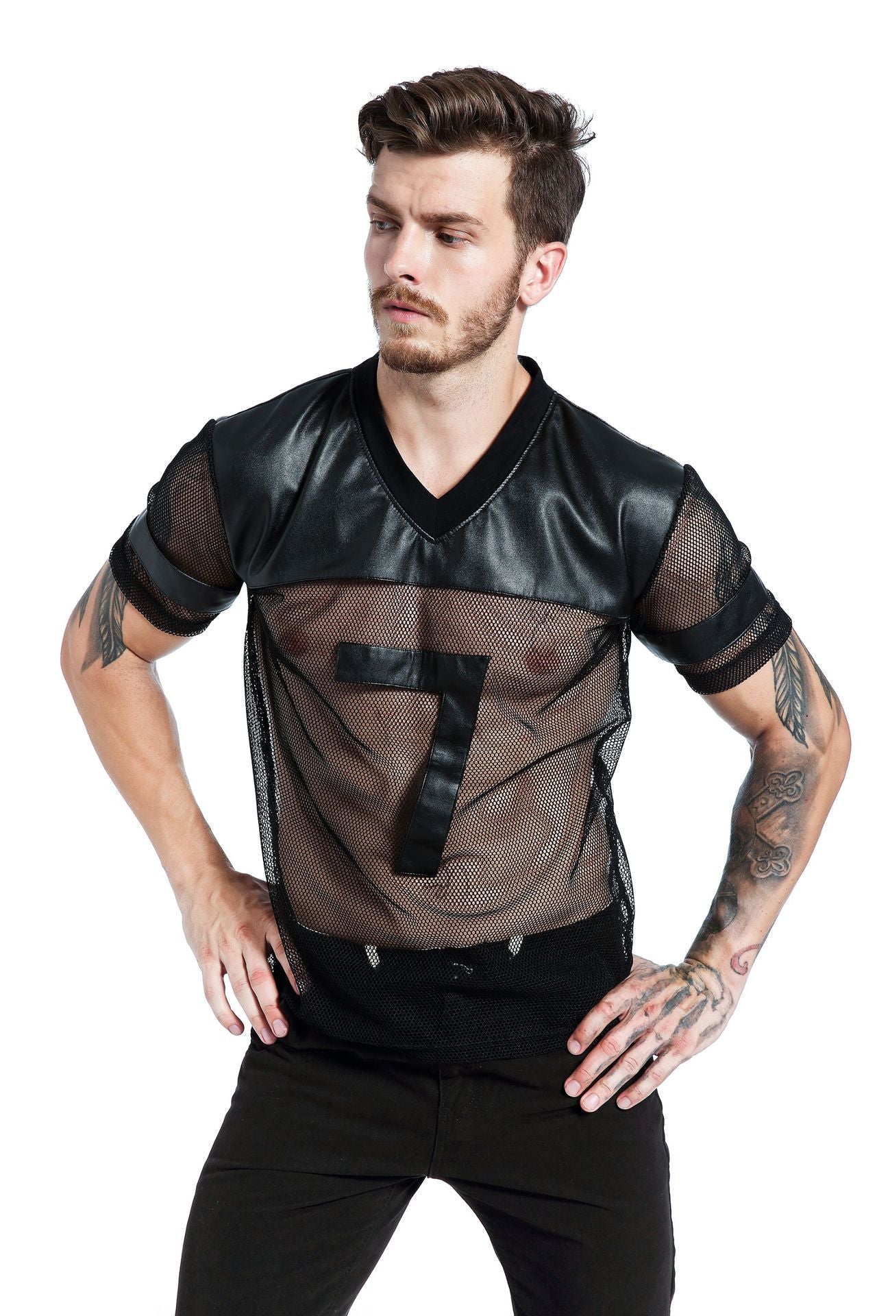 Men's Breathable Running Mesh T-shirt Stitching Casual Sports V-neck