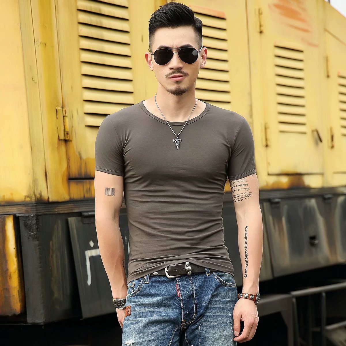 Korean Slim Fit Men's Elbow-sleeved Top Tight Elastic T-shirt