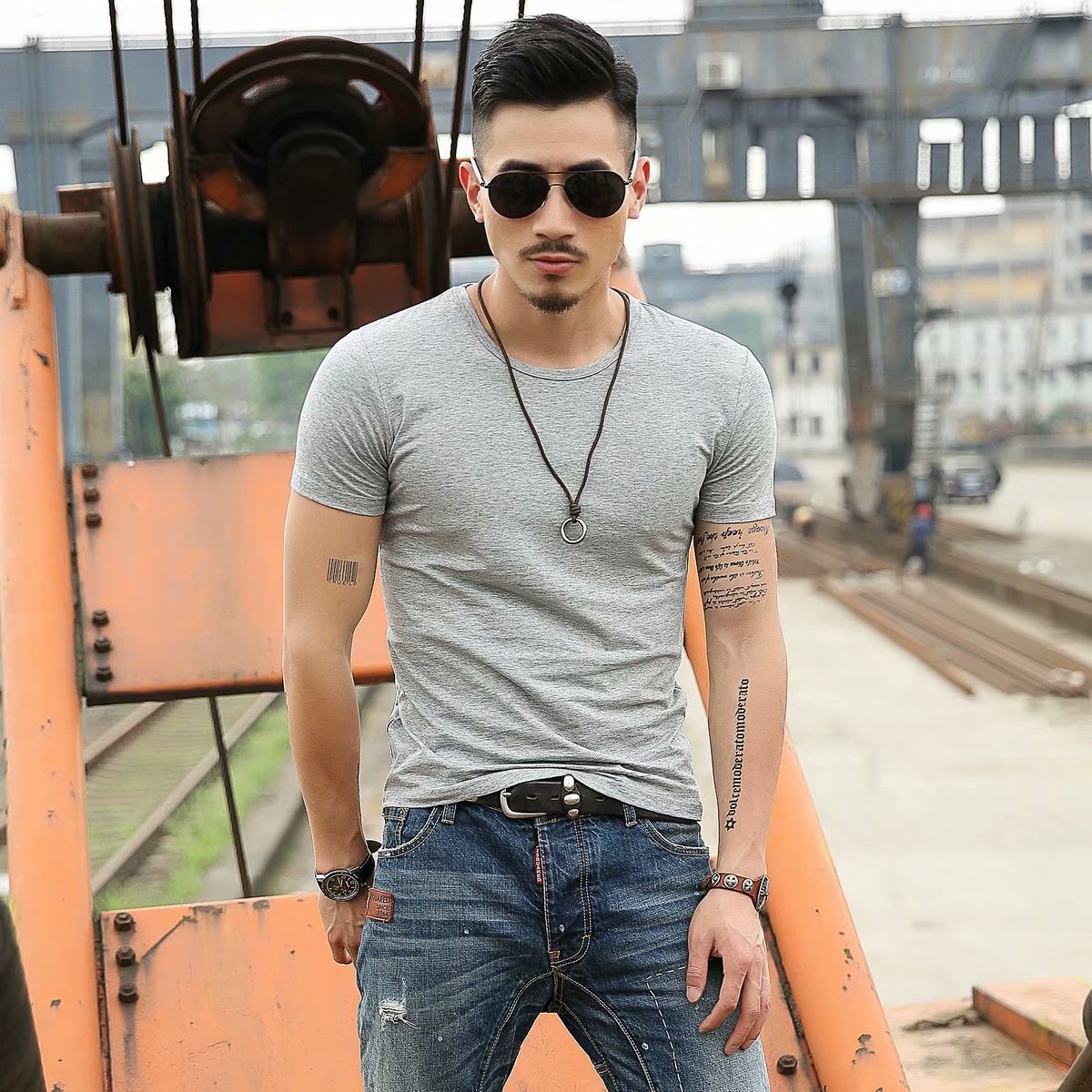 Korean Slim Fit Men's Elbow-sleeved Top Tight Elastic T-shirt