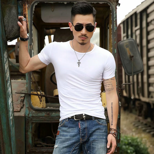 Korean Slim Fit Men's Elbow-sleeved Top Tight Elastic T-shirt
