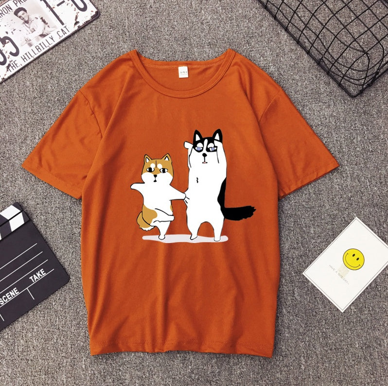 BF BF wind cartoon god trouble dog Husky couple print T-shirt loose student short sleeve
