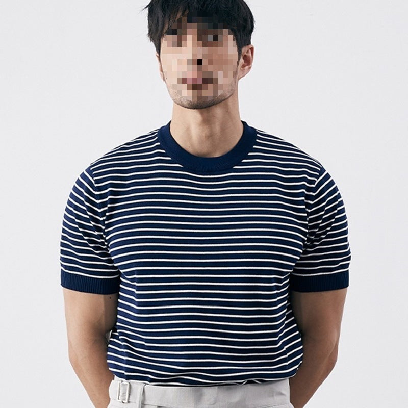 Men's High-grade Casual Striped Round Neck Knitted T-shirt