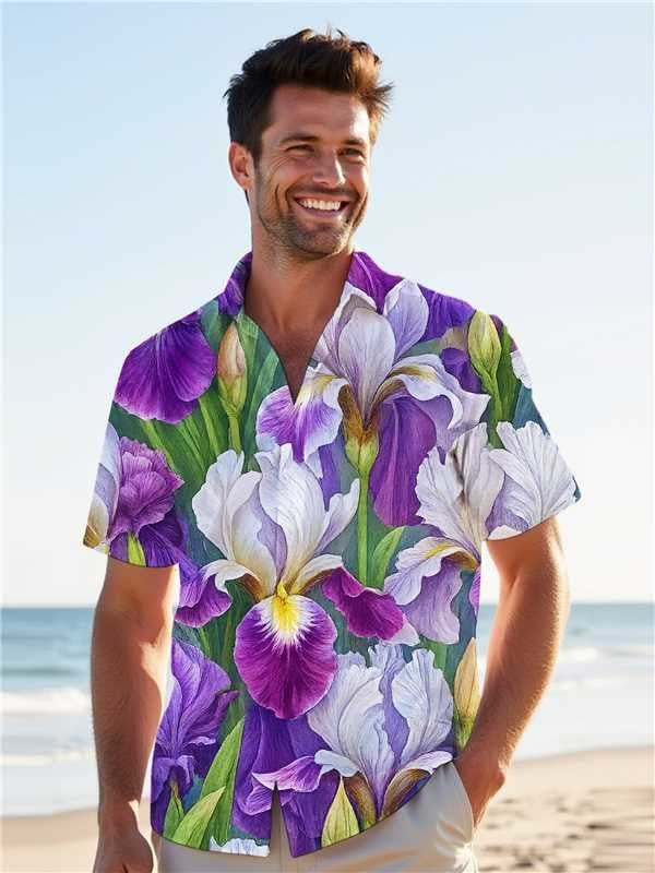 Lapel Printed Sleeve Button Men's Shirt
