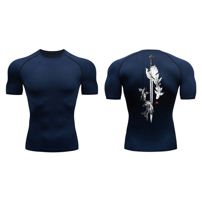 Sword Printed Short Sleeve Compression Shirt Summer Men