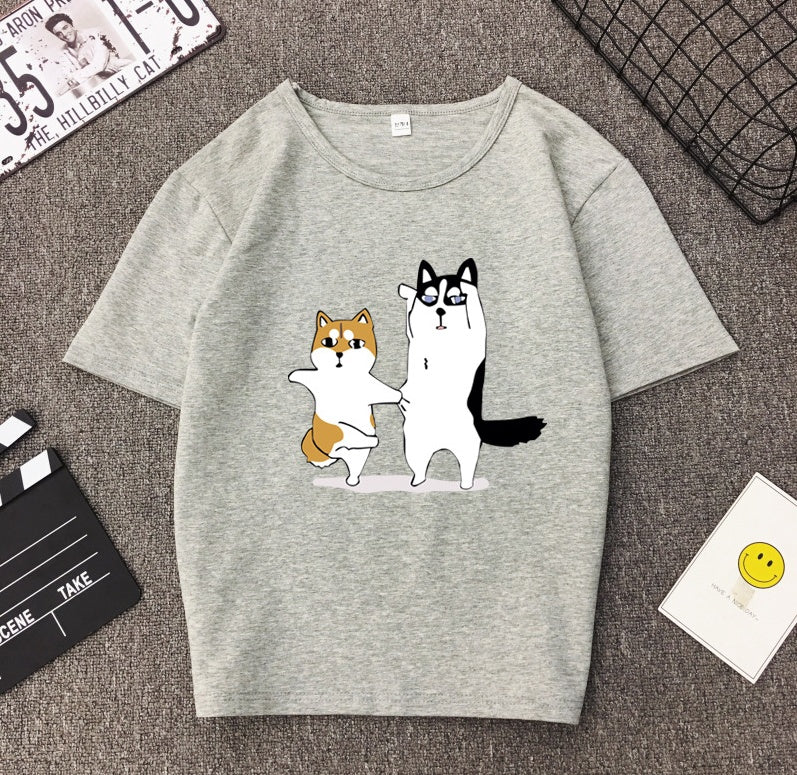 BF BF wind cartoon god trouble dog Husky couple print T-shirt loose student short sleeve