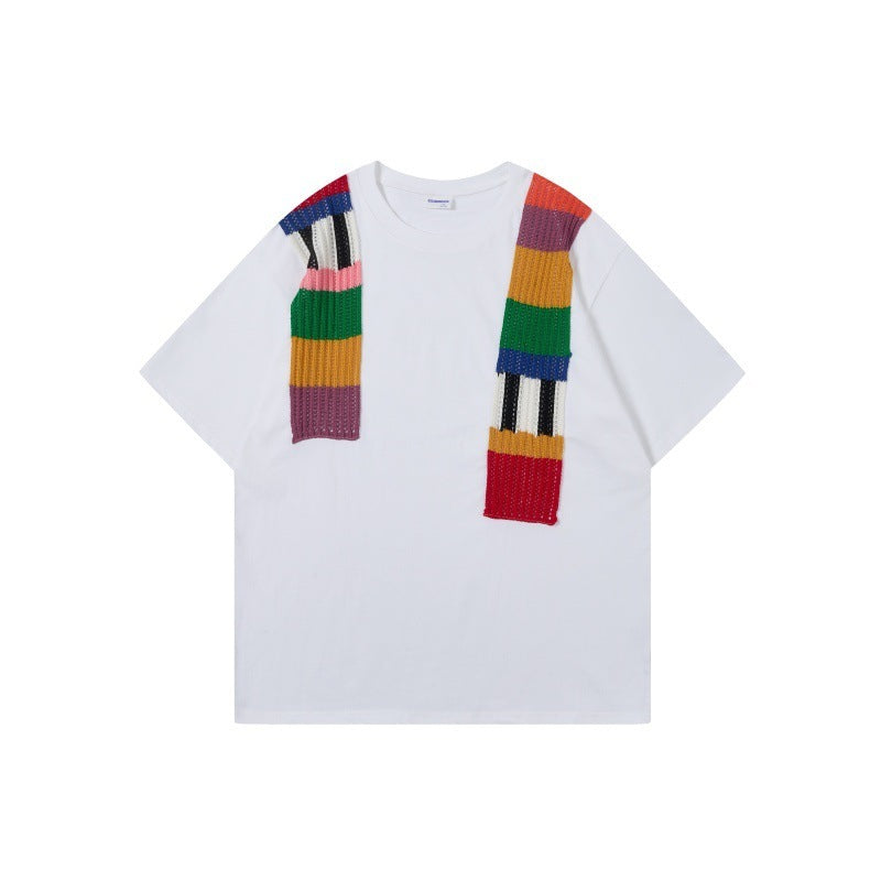 Color Contrast Patchwork Design Round Neck Loose Short Sleeves