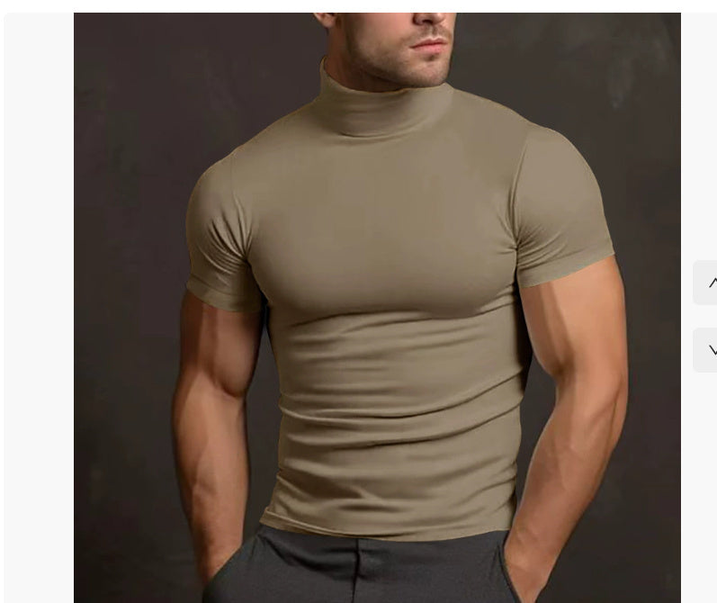 Summer Solid Color Short Sleeve Fashion Bottoming Shirt Men's Tight Turtleneck T-shirt
