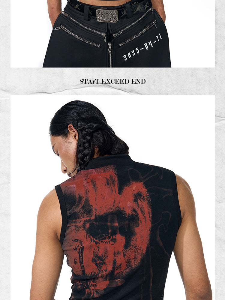 Half Turtleneck Slim-fit Printed Sleeveless T-shirt