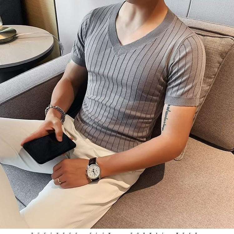 Men's Half Sleeve Hollow V-neck Slim-fit Short-sleeved