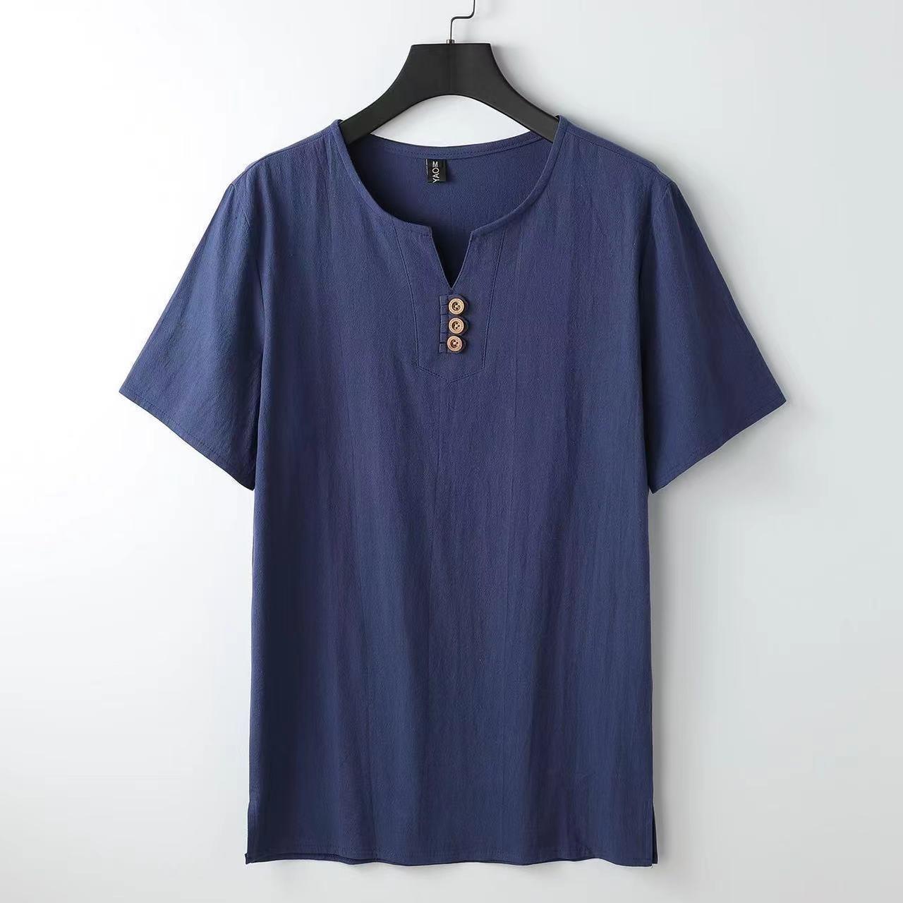 Men's Chinese-style Cotton And Linen V-neck Short Sleeve