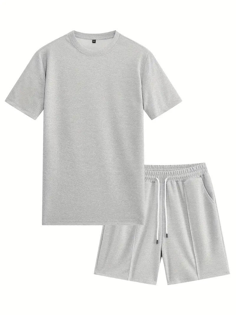 Waffle Texture Short Sleeve Blouse And Pants Men's Summer