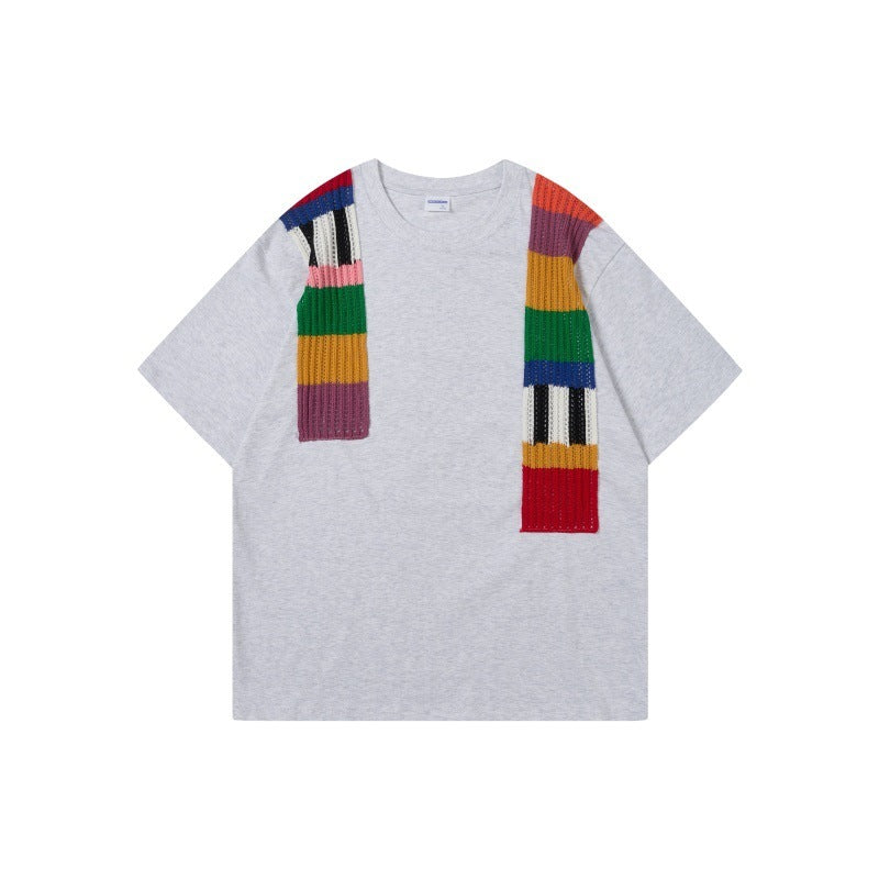 Color Contrast Patchwork Design Round Neck Loose Short Sleeves