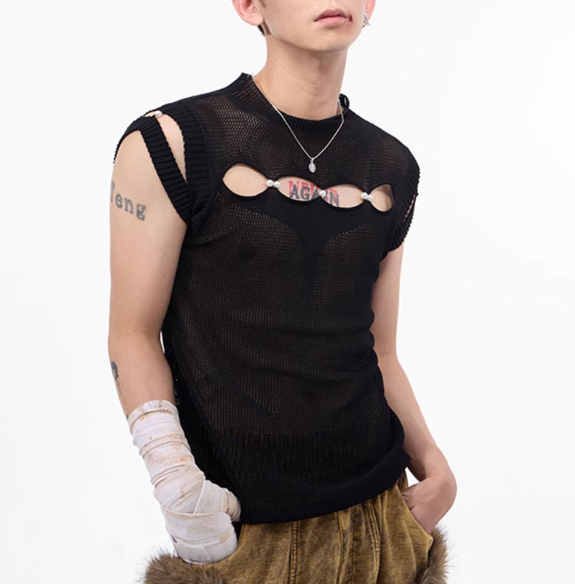 Dark Hollow-out Knitmesh Sleeveless T-shirt