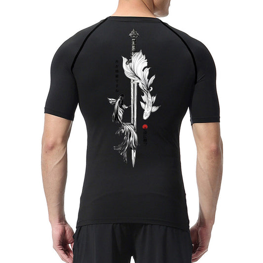 Sword Printed Short Sleeve Compression Shirt Summer Men