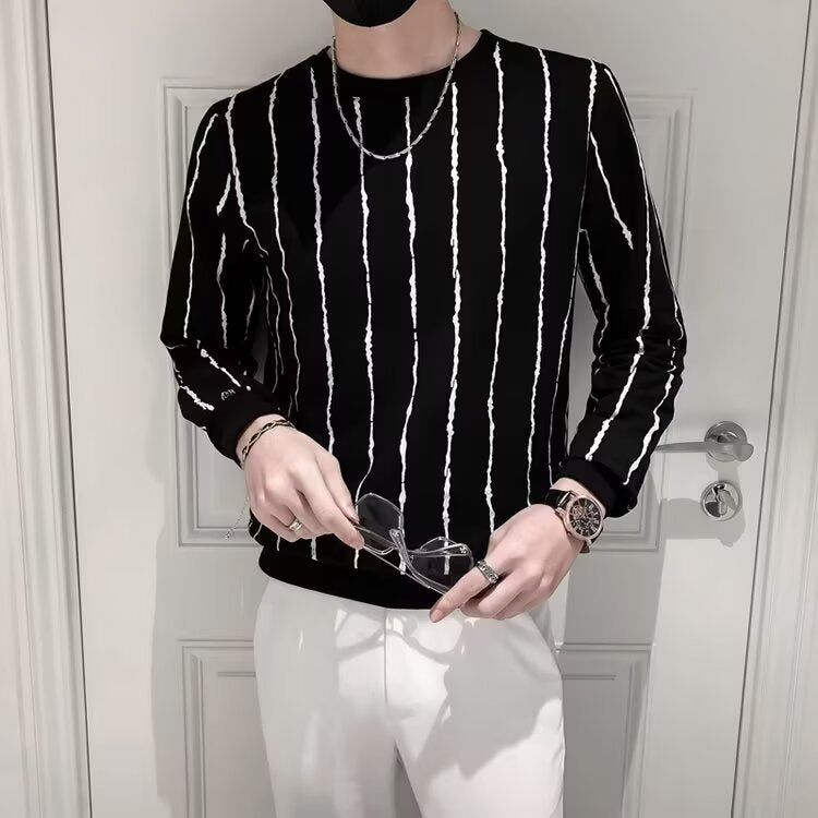 Niche Round Neck Slim-fit Striped Sweater For Men