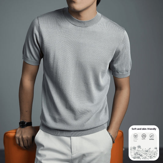 Men's Knitted T-shirt Versatile Solid Color Round Neck Short Sleeves