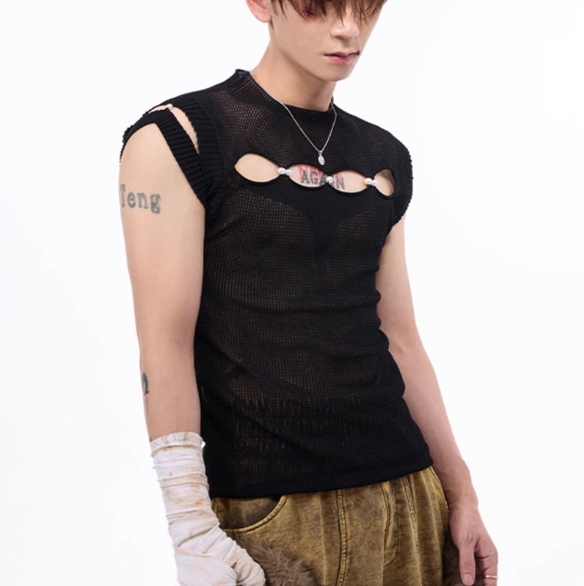 Dark Hollow-out Knitmesh Sleeveless T-shirt